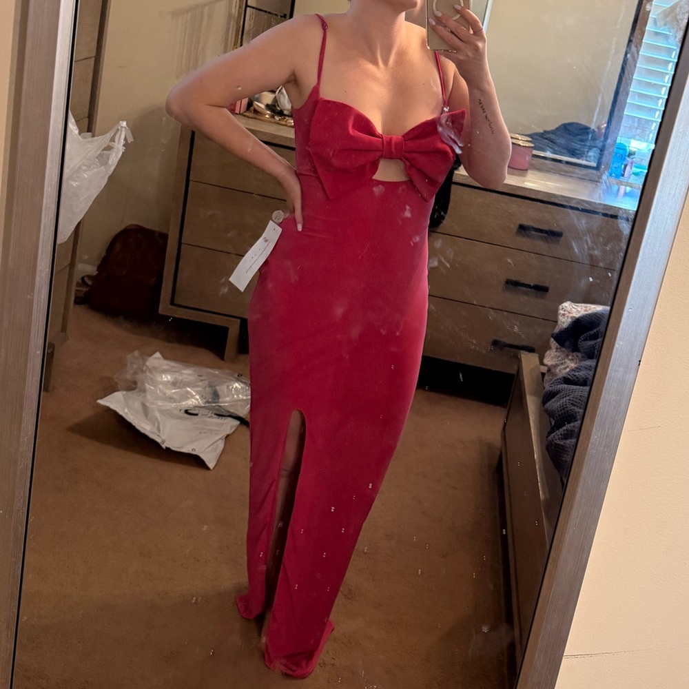 Red Bow Front Dress with Slit